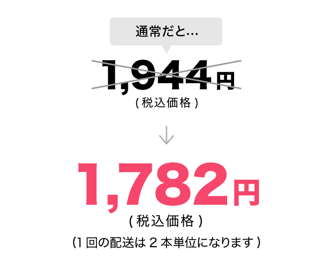 通常だと… 1,800円 → 1,782円 （税抜き表示）（1回の配送は2本単位になります）